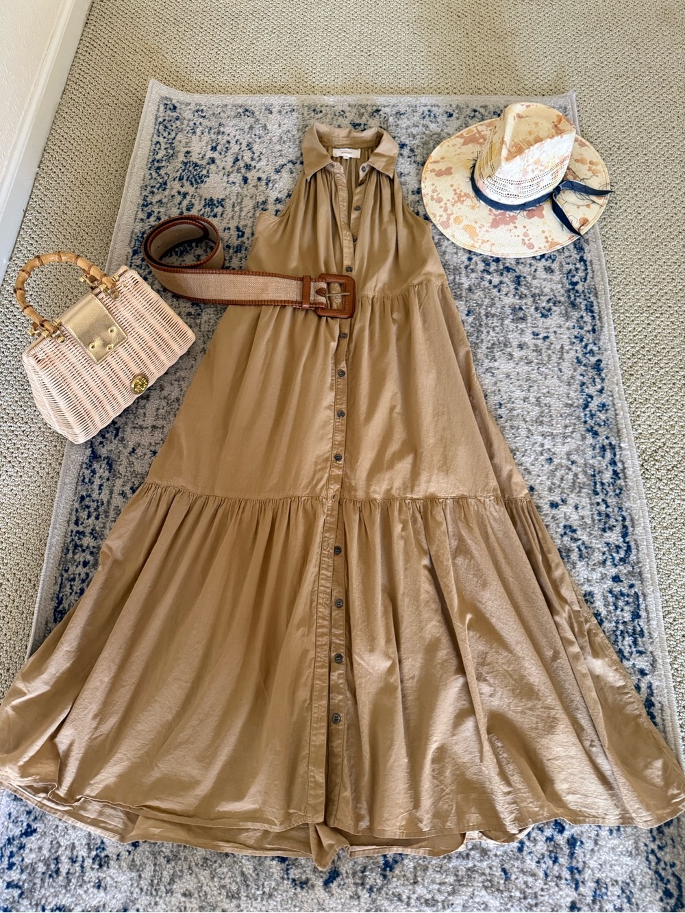 XiRENA Sleeveless Tiered Button-Front Maxi Dress in Taupe